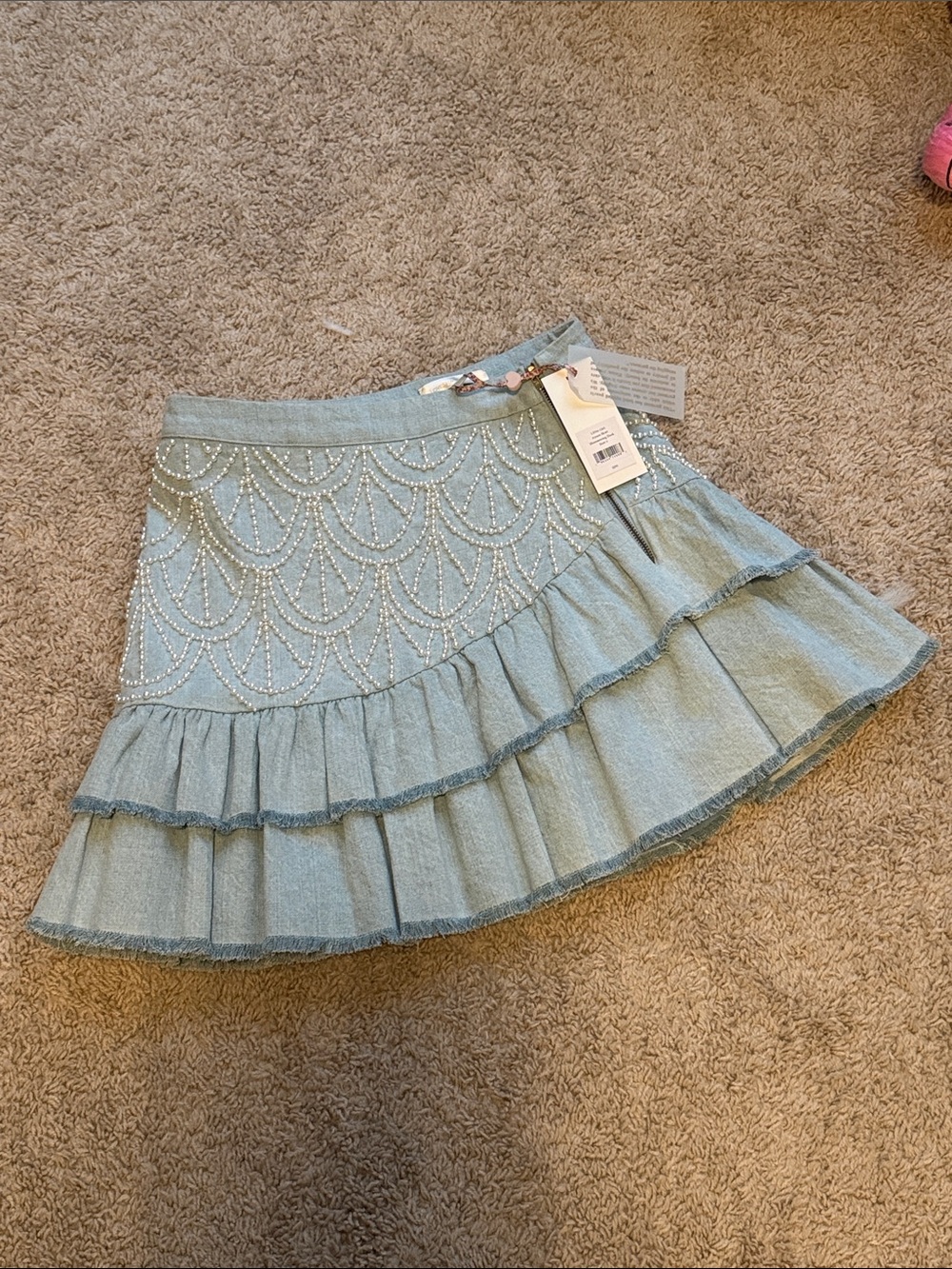 LoveShackFancy Light Blue Beaded Ruffle Mini Skirt